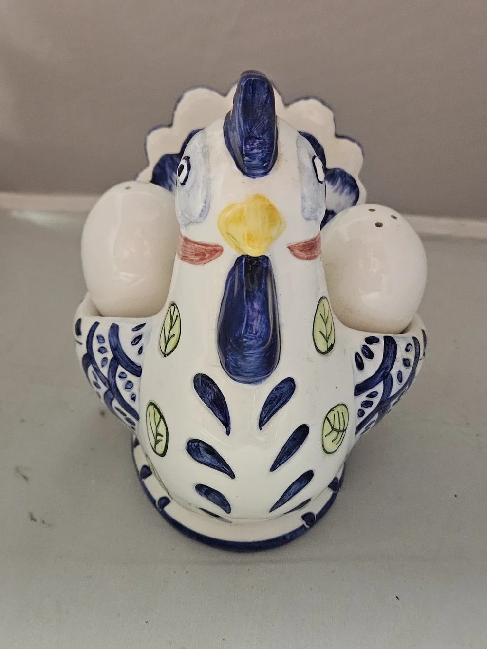 Hand-Painted Ceramic Hen Salt & Pepper Set Napkin Holder - White and Blue